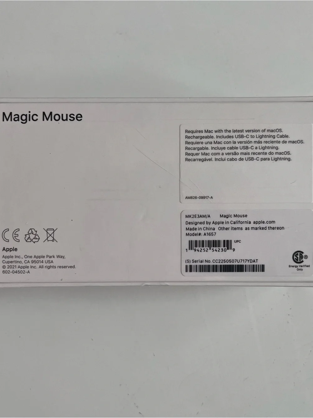 Apple Magic Mouse Wireless Rechargeable Optical Mouse White Factory Sealed